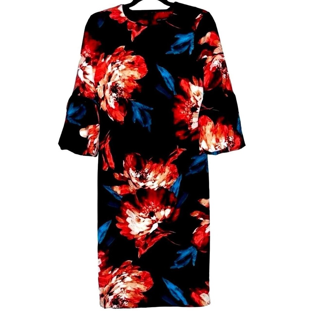 Maggy London Black Red Floral Bell Sleeve Sheath Dress Size‎ 8